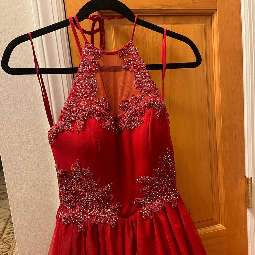 Juniors red mini dress with mesh neckline